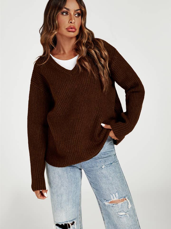 V Neck Jumper Top In Brown for wholesale on Faire2