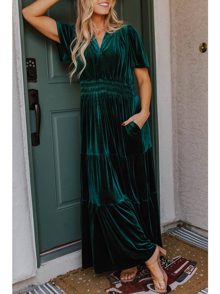 Evergreen Velvet Shirred Waist Maxi Dress for wholesale on Faire