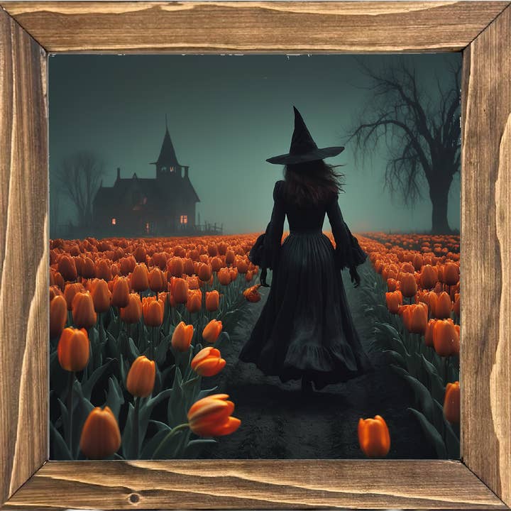 Halloween Witch Walking in Tulips Framed Wall Decor for wholesale by Teele and Co.
