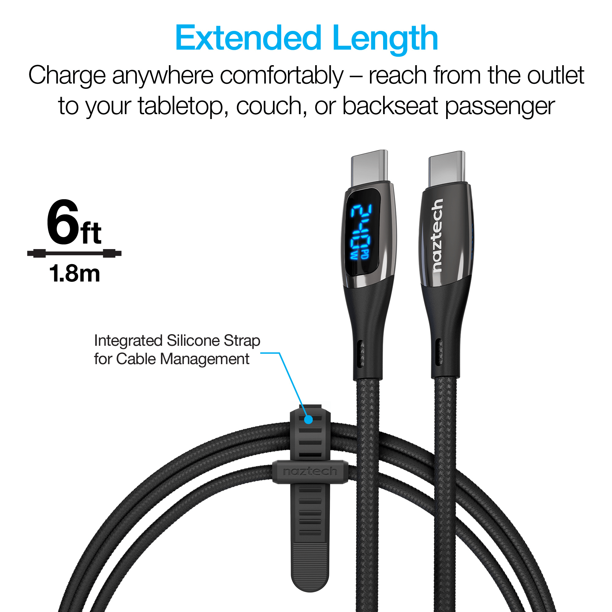 JupiterGear Home - Wholesale Charging Cable - Naztech DigiWATT USB-C to USB-C Digital LED Cable 6ft8