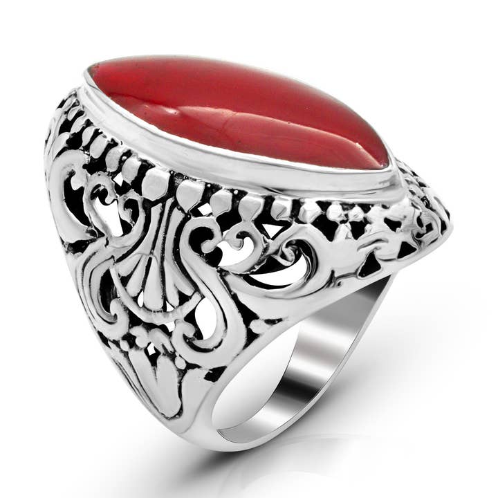 Bague artisanale balinaise en argent sterling 925 avec corail rouge pour la vente par Damai Designs