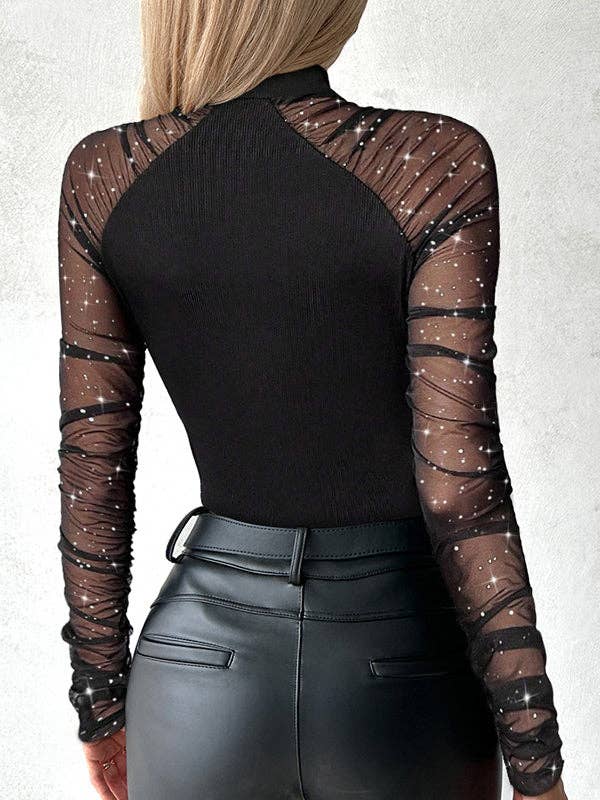 BLACK Long Sleeves Skinny Chains V-Neck T-Shirts Tops for wholesale on Faire6