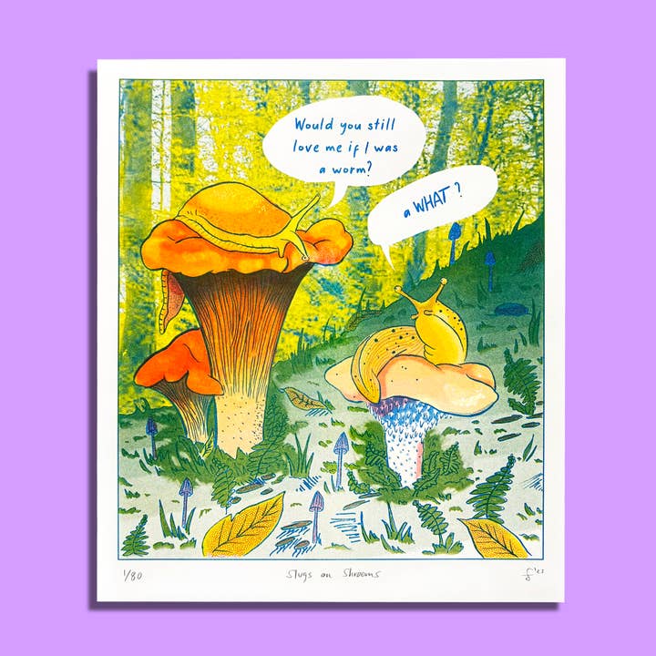 Slugs On Shrooms - Risograph Print for wholesale by Tamiko Sidore Studio