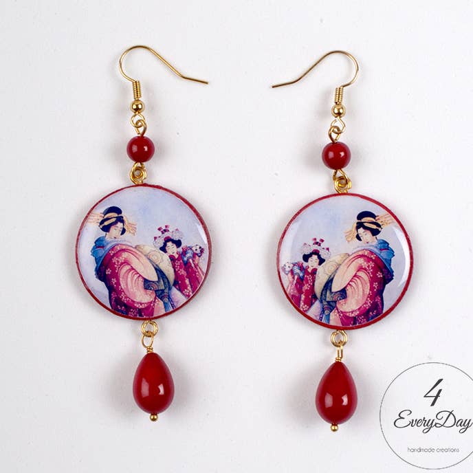 Boucles d'oreilles en bois - Oiran et Kamuro de Katsushika Hokusai pour la vente par 4everyday Handmade