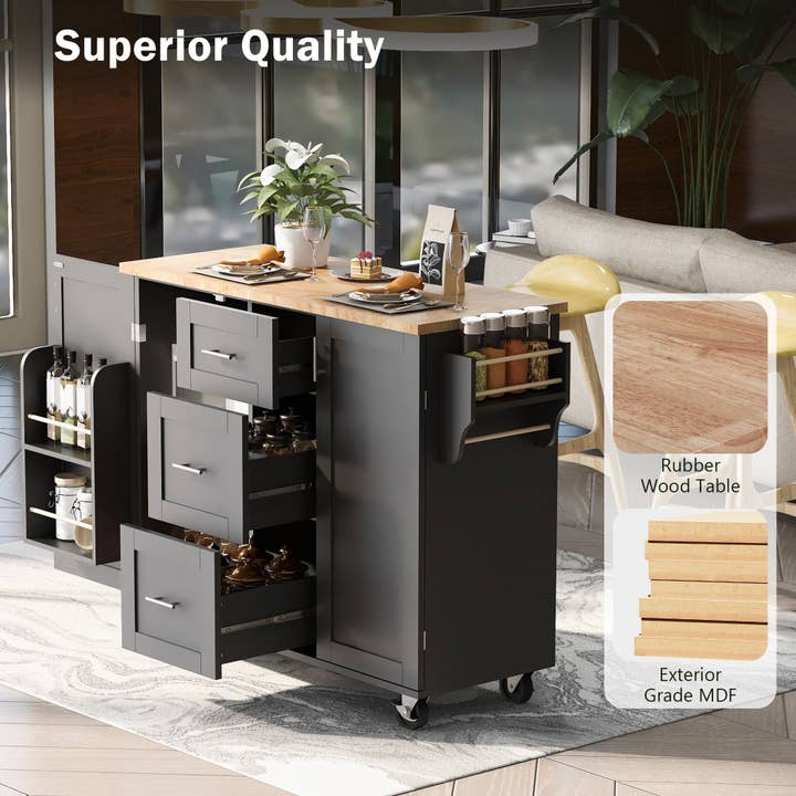 Orange County Decor - Wholesale Kitchen Storage/Organizer - K&K Rolling Kitchen Island With Storage, Kitchen Cart With Rubber Wood Top, 3 Drawer, 2 Slide Out Shelf And Internal Storage Rack, Kitchen Island On Wheels With Spice Rack & Tower Rack, Black Black5