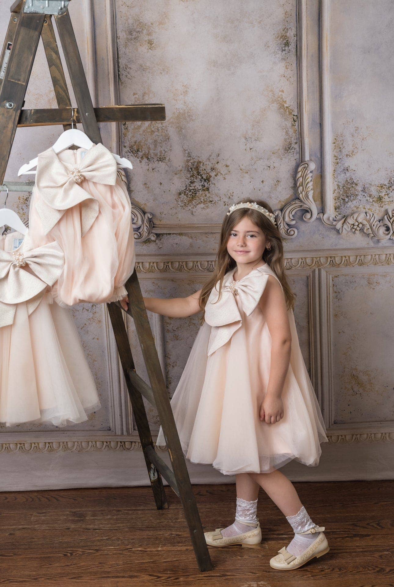 Petite Maison Kids - Vente Robe – enfant - Robe Jackie pêche en tulle à col nœud jacquard11