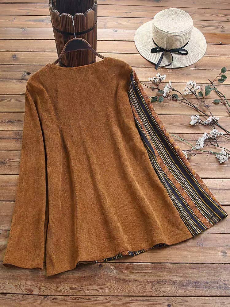 BROWN Buttoned Patchwork Boho Top for wholesale on Faire1