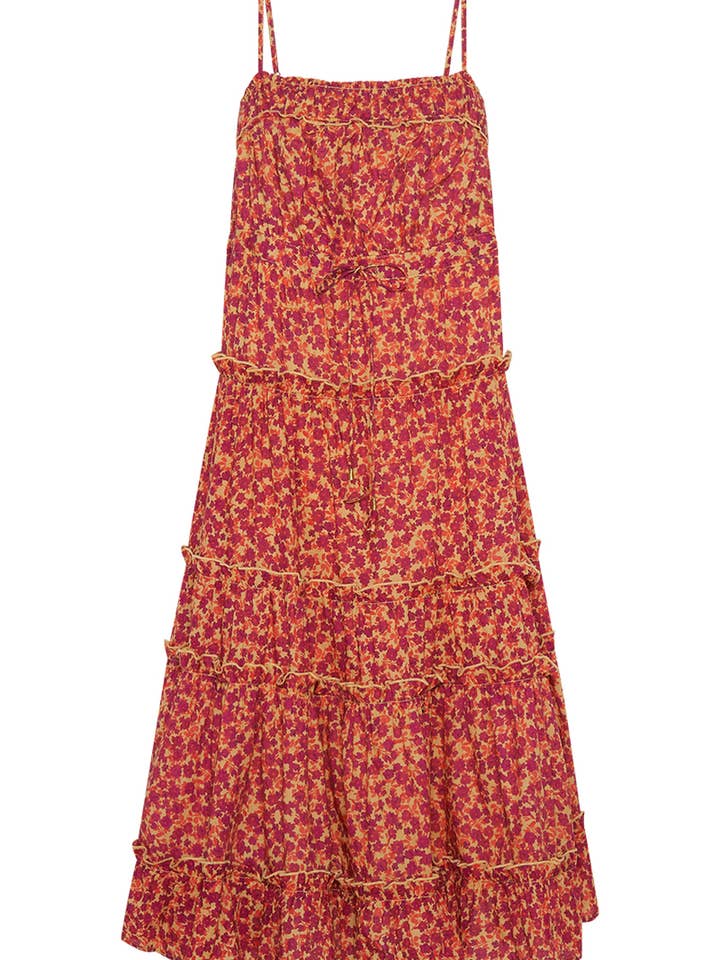Vestido midi escalonado con cordón ajustable en magenta para venta al por mayor de Bohemian Traders