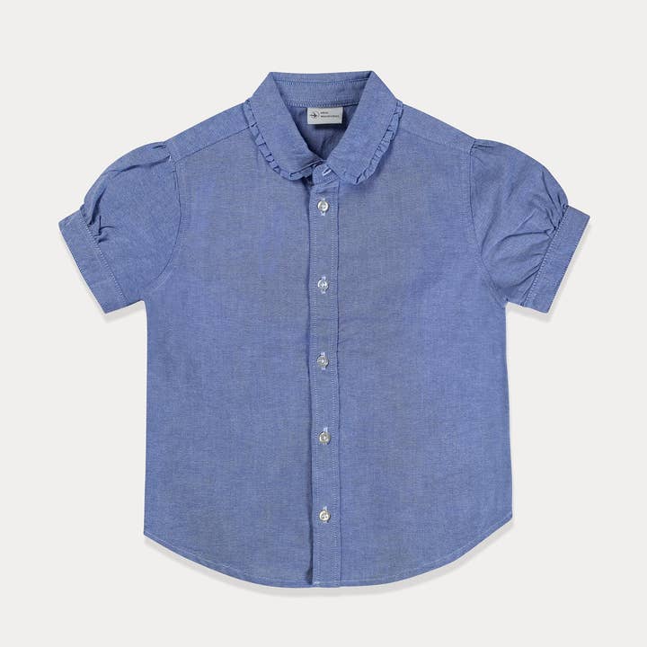 Camiseta para niña pequeña, camisa de verano con cuello con volantes, azul para venta al por mayor de Mini Wardrobes