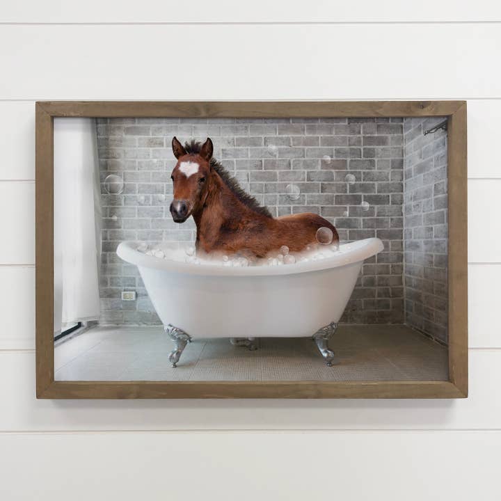 Hangout Home - Wholesale Bathroom sign - Horse in Bathtub Funny Bathroom Wood Sign Framed1