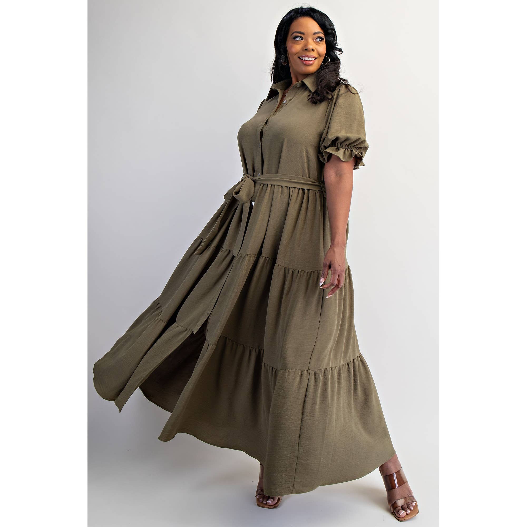 ORANGE CORAL PLUS SIZE BUTTON FRONT MAXI DRESS WITH TIERD HEM for wholesale on Faire7