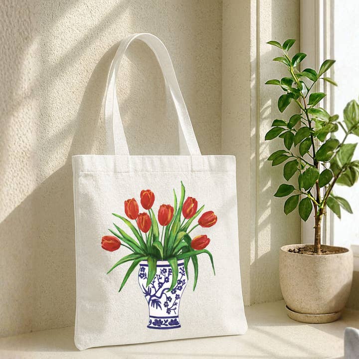 Canvas Tote Bag with Tulip Bouquet Artwork for wholesale by MerikaArt