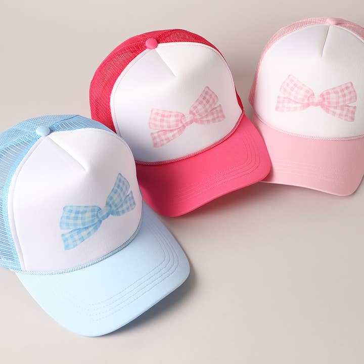 Checkered Bow Print Foam Mesh Back Trucker Hat for wholesale by Fashion City