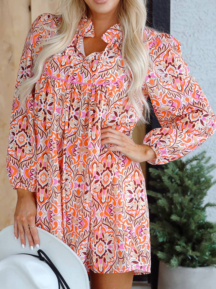 Lovesoft - Wholesale Dress - Women's - Khaki Abstract Printed Long Sleeve Tied Neckline Mini Dress