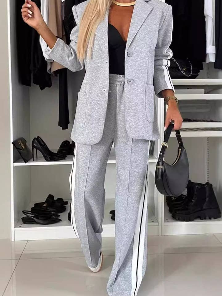 Full Size Contrast Lapel Collar Top and Pants Set for wholesale by ClassiQ