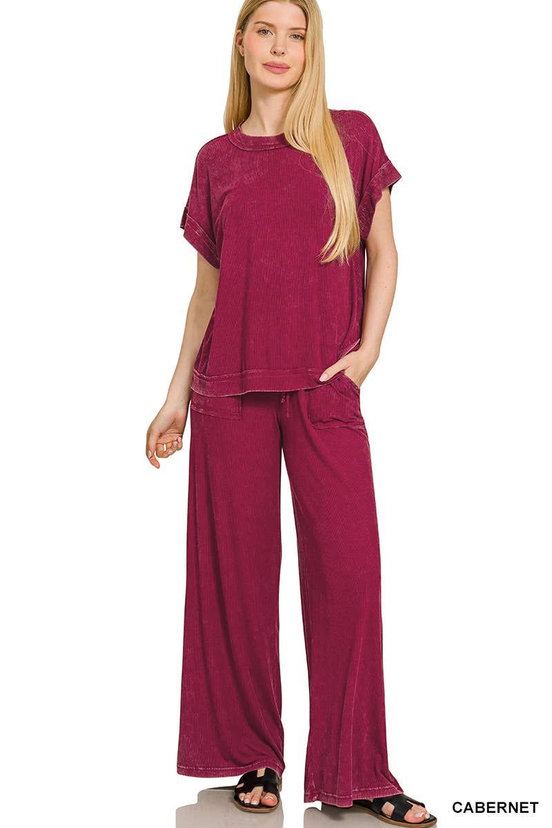 42POPS – wholesale Lounge set – Women's – ....0810 Ribbed Acid Wash Rayon Top & Pants 2PC Set SI-2841310