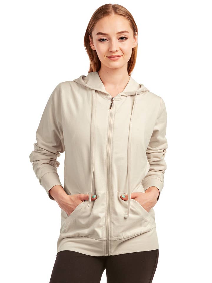 Women's Essentials Sofra Lightweight Full Zip Cotton Hoodie Sweater Oat (HDC7000_OAT) for wholesale by 247 Frenzy