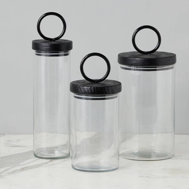 Glass Canister, Black Ring Handle, Set of 3 for wholesale by etúHOME