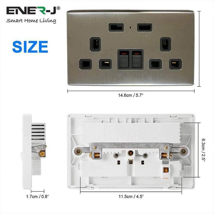 ENER-J - Wholesale Power Adapter - Smart Twin Wall Sockets with Usb 2 Usb Ports, (Silver)6