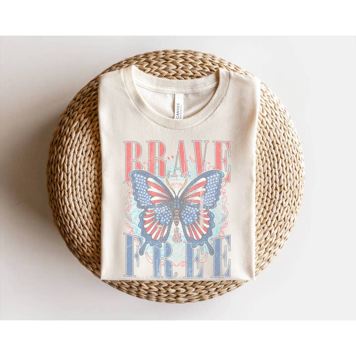 Brave And Free Butterfly Patriotic 4th of July Tee for wholesale by Amy Anne Apparel Inc
