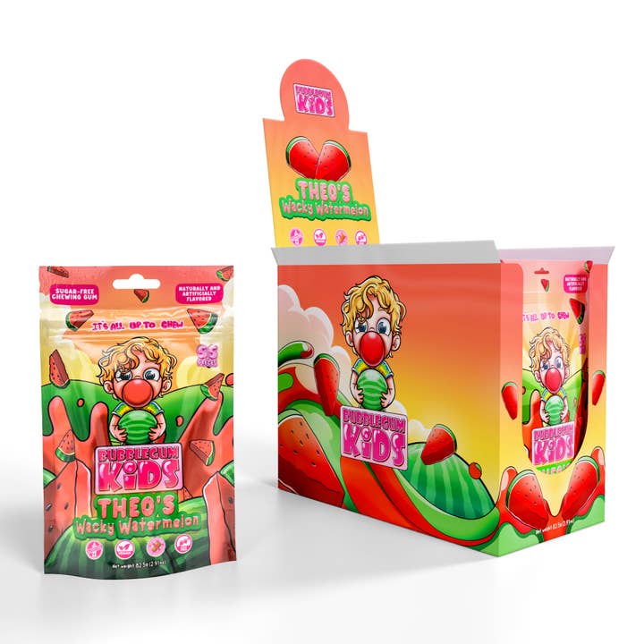 Bubblegum kids - Vendita all'ingrosso Gomme da masticare - Theo's Wacky Watermelon (55 pezzi) Gomma da masticare all'anguria senza zucchero