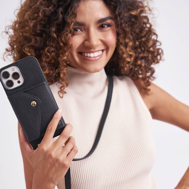 Louve Collection - Wholesale Phone wallet – women's - Zoë Black Leather Phone Case Wallet & Matching Strap5