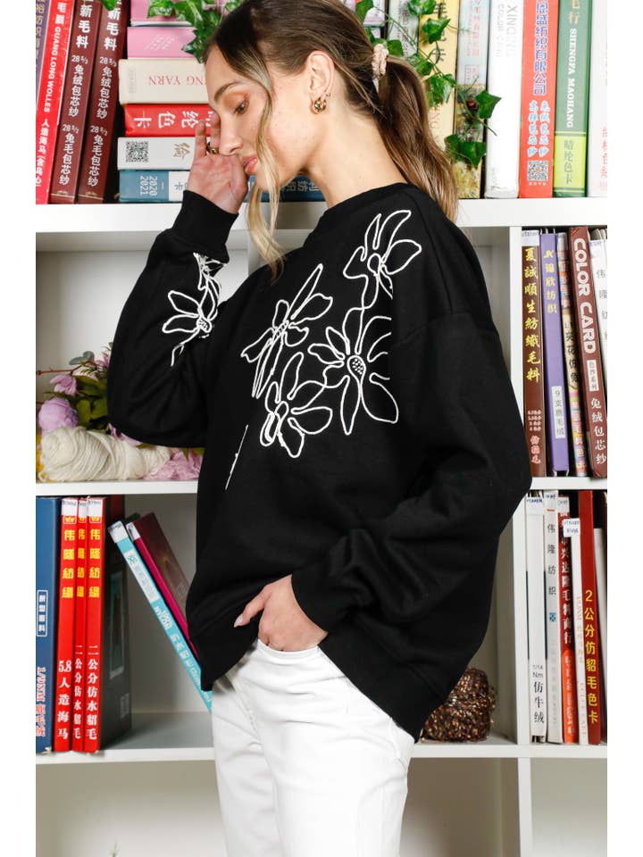 Vine & Love - Vente Sweat-shirt – femme - Sweat-shirt à col rond et manches longues brodé de fleurs VT8226922