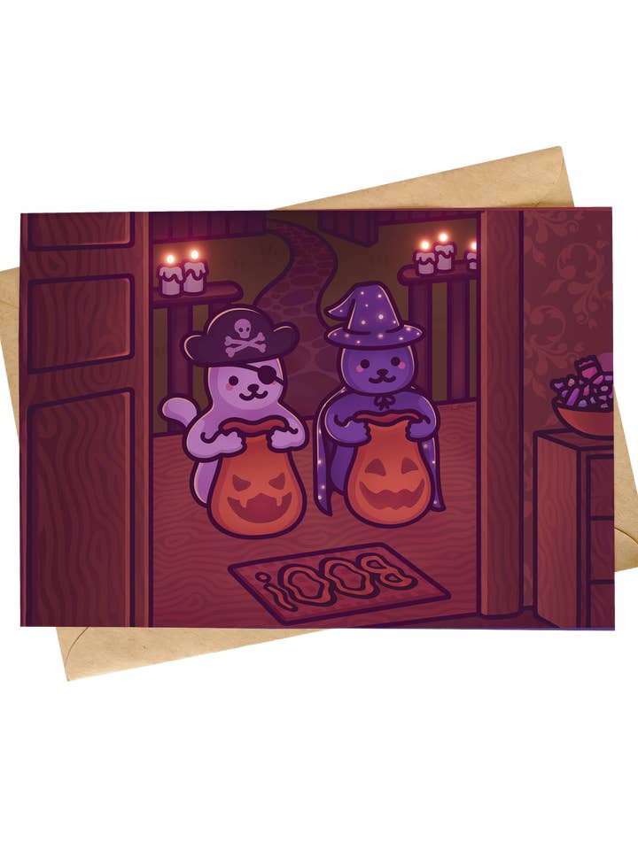 Carte d'Halloween en forme de chat | Invitation à une fête mignonne et effrayante pour la vente par Mona Mauve • Silly Art!