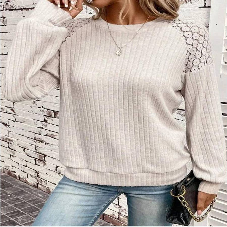Women Long Sleeve Henley Shirts Button Up Solid Color Crop Tops Lace  Patchwork Ribbed V Neck Slim Fit Tunic Tee Blouse