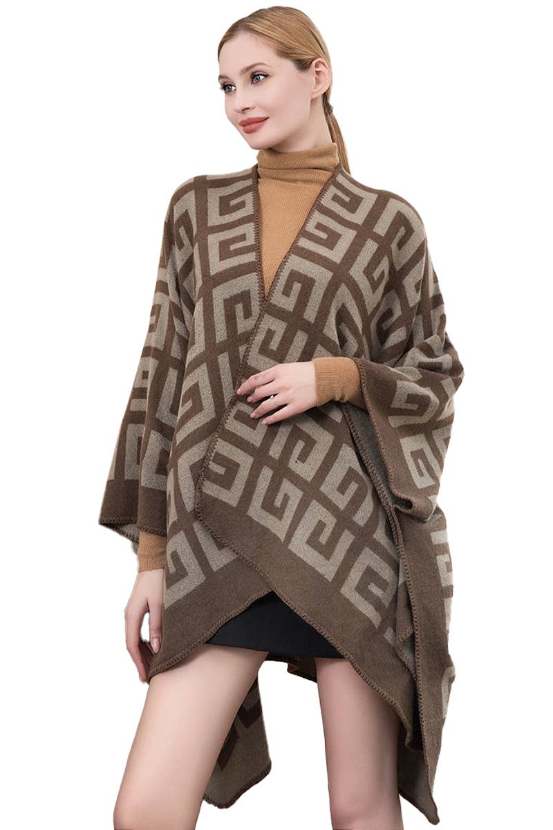 Cap Zone - Venta al por mayor Poncho - Mujer - Poncho holgado de gran tamaño con dobladillo doblado con llave griega2