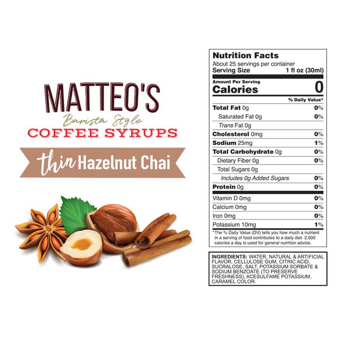 Matteo's - Wholesale Flavored Syrup - Matteo's Sugar Free Coffee Syrup, Hazelnut Chai, 0 Calories, 0 Sugar, Keto Friendly