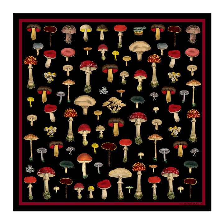 Curious Prints - Wholesale Scarf - Women's - 100% Silk Scarf Vintage Black Mushroom Bandana 17x17