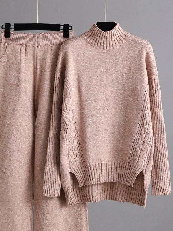 ShieldChic - Vente Ensemble haut et pantalon (PAS d'intérieur) - Femme - Ensemble deux pièces : haut pull col montant mi-haut couleur unie à fentes latérales et pantalon large taille haute urbain.5