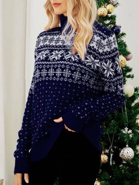 Rosa Clothing - Wholesale Knit Top - Women's - Christmas Red Turtleneck Snowflake Jacquard Knitted Top