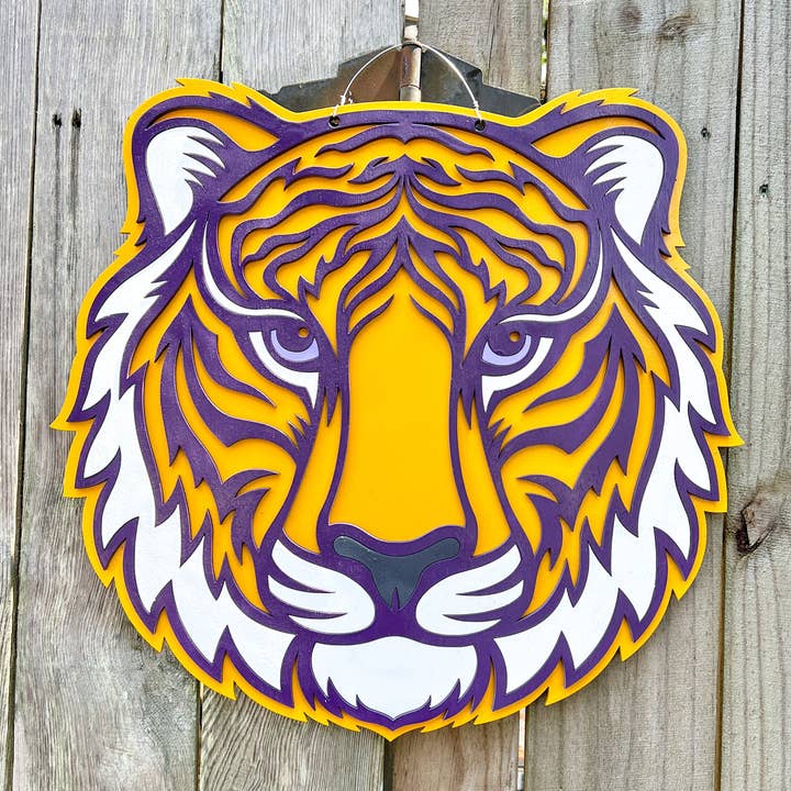Geaux Magnolia - Wholesale Door Hanger - Tiger Head Door Hanger Purple & Gold LSU Louisiana Wall Art1