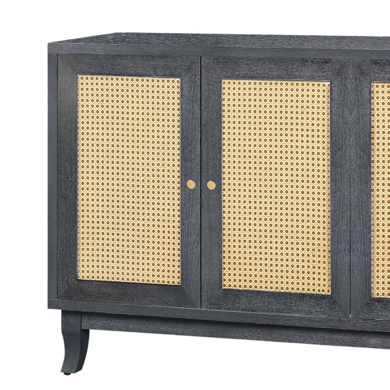 HomeRoots - Wholesale Sideboard - 65" Charcoal and Natural Wood and Rattan Sideboard with Four1