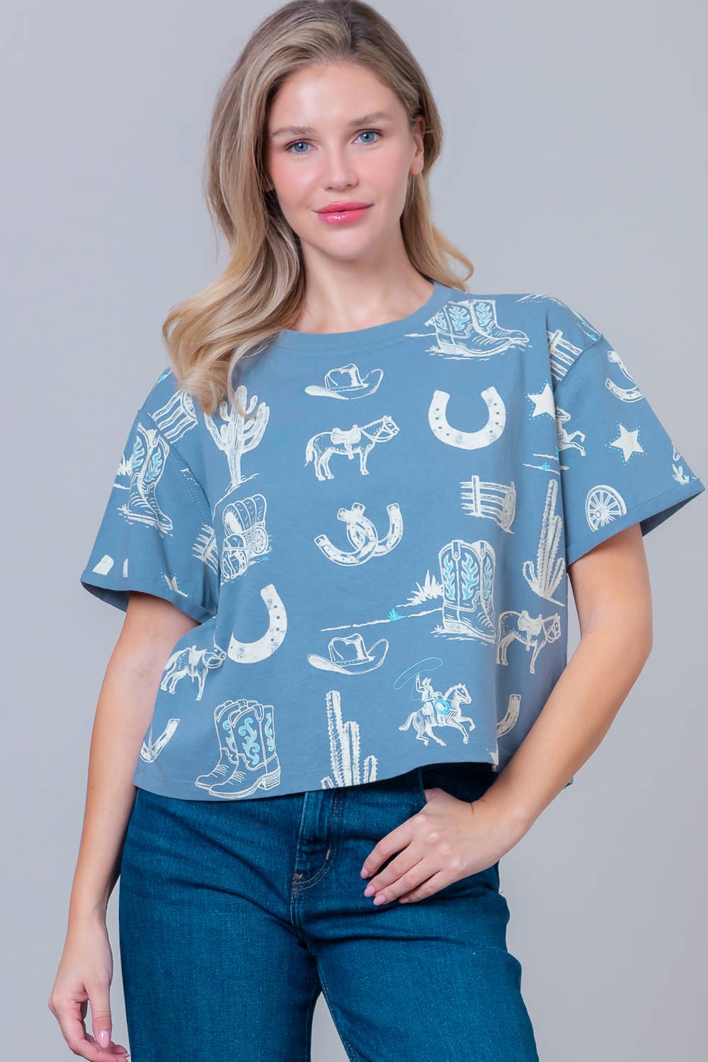Taelynn - Wholesale T-Shirt - Women's - HT28781T-WESTERN PRINTED SHORT SLV ROUND NECK T-SHIRT29