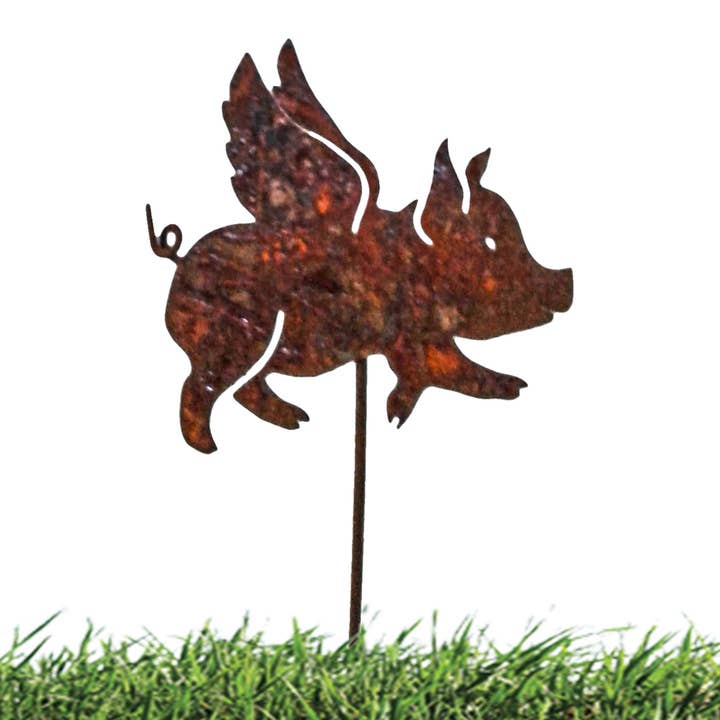Rust Flying Pig Stake Garden Art for wholesale by California Home & Garden