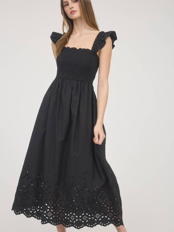 Blu Pepper - Wholesale Dress - Women's - SMOCKED RUFFLE SLEEVE EYELET HEM MIDI DRESS