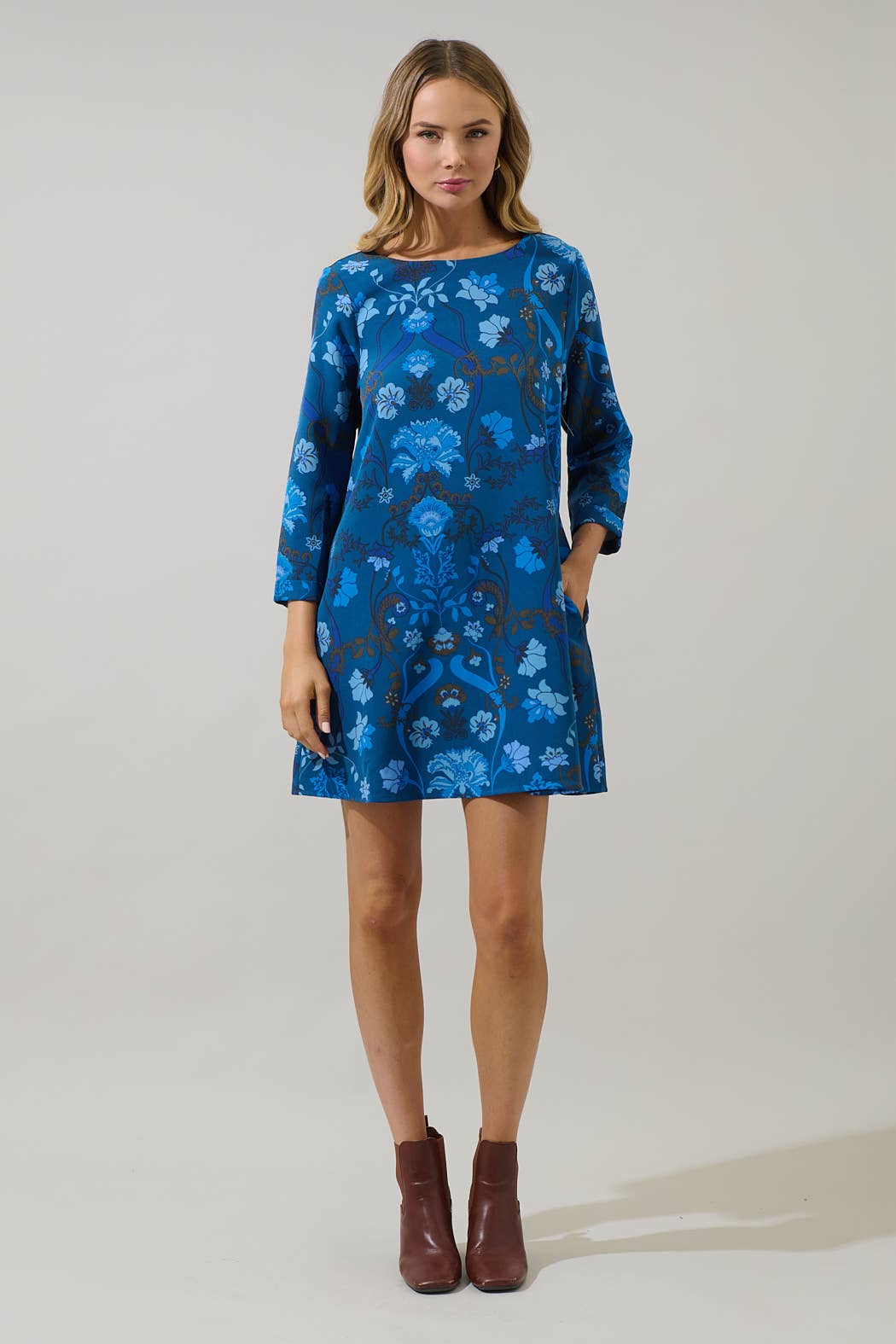 Teal Blue Palmate Floral Lonna Shift Mini Dress for wholesale on Faire3