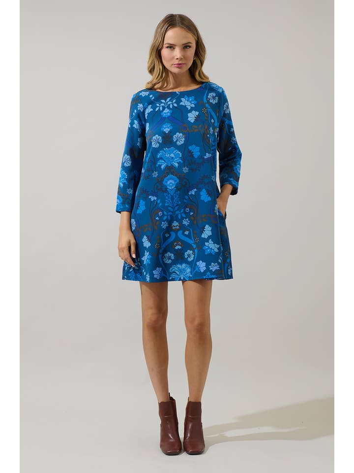 Teal Blue Palmate Floral Lonna Shift Mini Dress for wholesale on Faire3