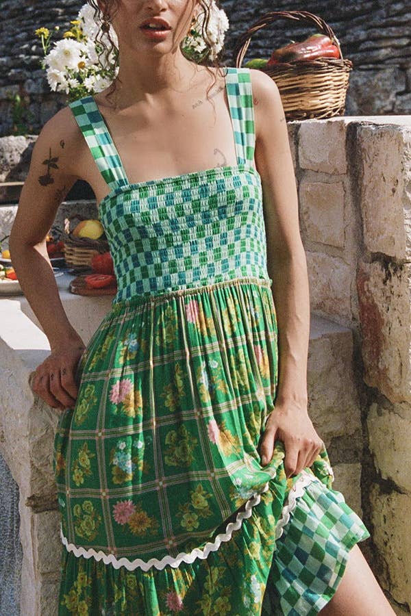 Green checkered Unique Floral Boho ric rac tiered dress for wholesale on Faire6