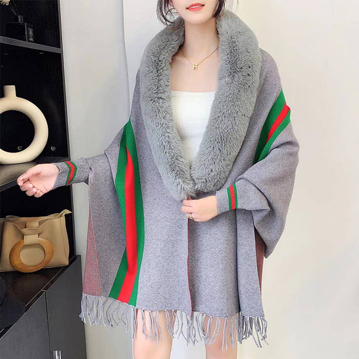 Ole - Wholesale Wrap - Women's - Striped Fur Collar Tassel Shawl S01846