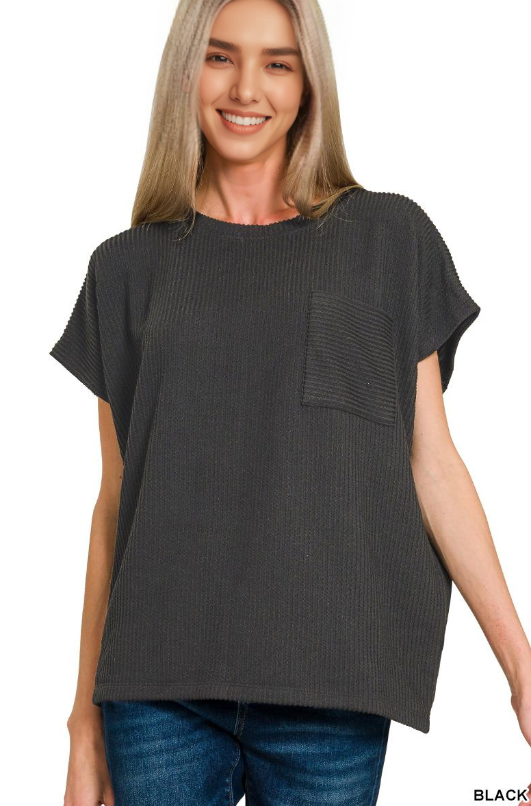 42POPS - Wholesale Knit Top - Women's - ....0902 Raised Rib Front Pocket Boxy Top SI-287133