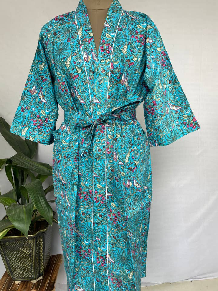 The Eastern Loom - Wholesale Kimono - Women's - Boho House Robe Summer Kimono Pure Cotton Aqua Hue Butterfly