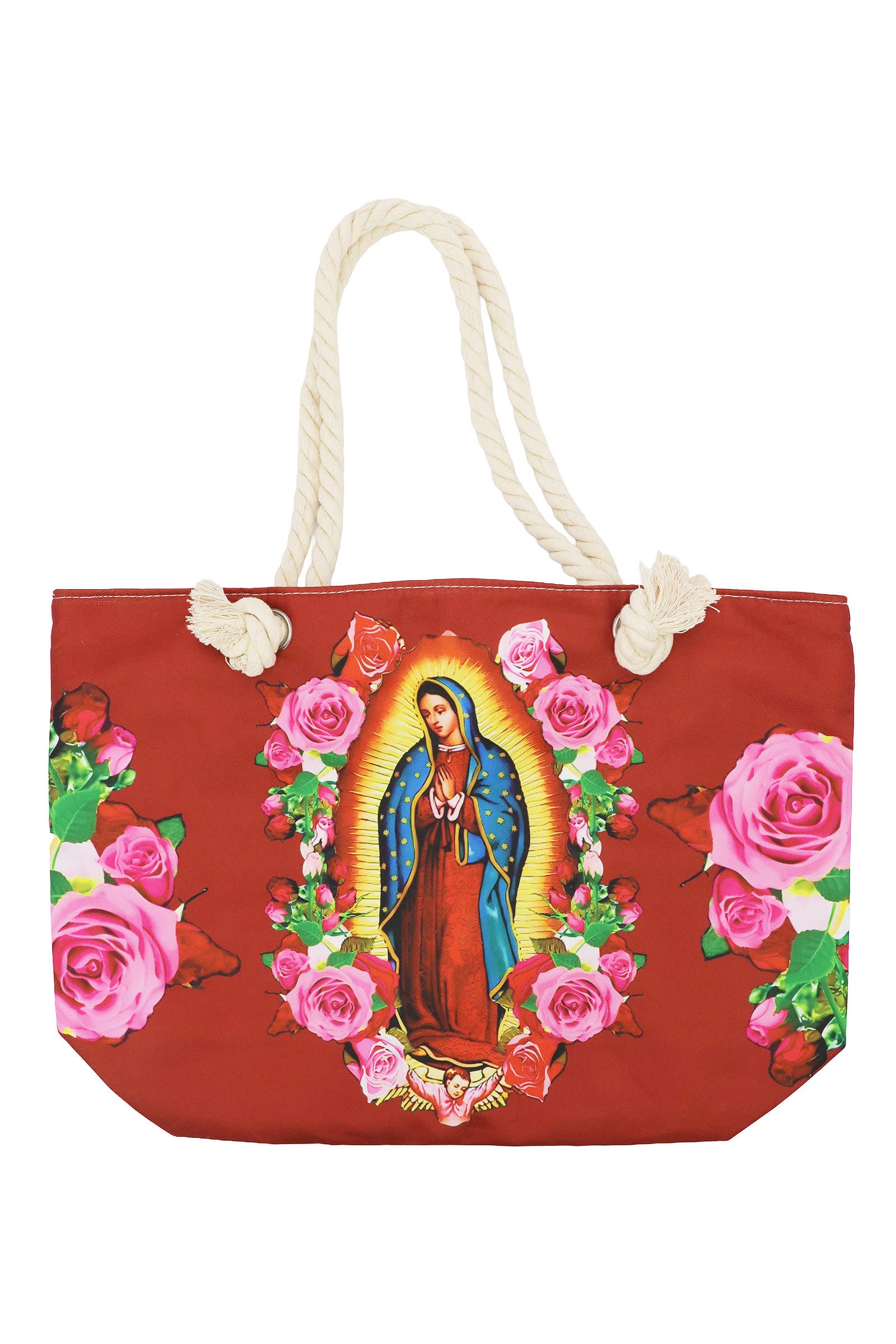 DARK RED Guadalupe Virgen Mary Zippered Canvas Tote Bag for wholesale on Faire1