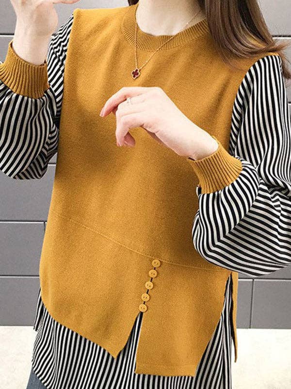 ShieldChic - Wholesale Knit Sweater - Women's - Original Loose Split-Joint 5 Colors Striped Round-Neck Long Sleeves False Two Sweater Top3