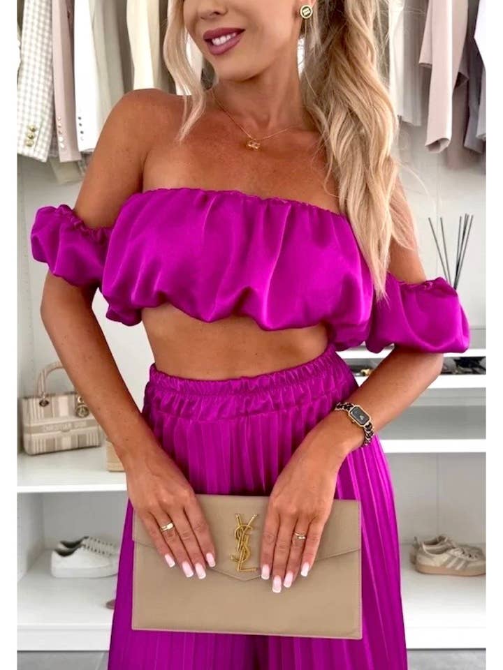 AMARIA - Wholesale Top & Pant Set (NOT Loungewear) - Women's - Satin Ensemble – Bardot Top & Pleated Palazzo Pants 311088