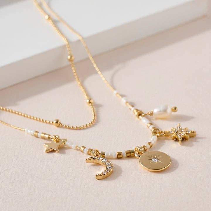 StarryNYC - Wholesale Pendant/Charm Necklace - 2 Row Necklace Multi Charm Star Crescent Starburst Pearl