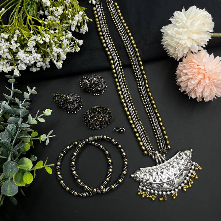 Indian Dual Tone Necklace Combo with Earrings, Ring & More for wholesale by Vastrabhushan